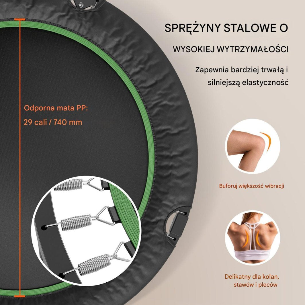 Liten Trampoline med svart og grønn hoppeflate, regulerbart håndtak og synlige stålfjærer sett ovenfra.
