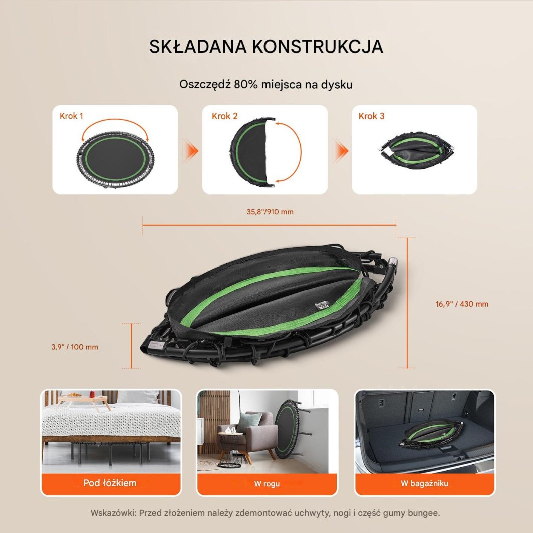 Trampoline Inne sammenleggbar svart trampoline med grønn kant, illustrert lagret under seng, i hjørne og bilbagasjerom.