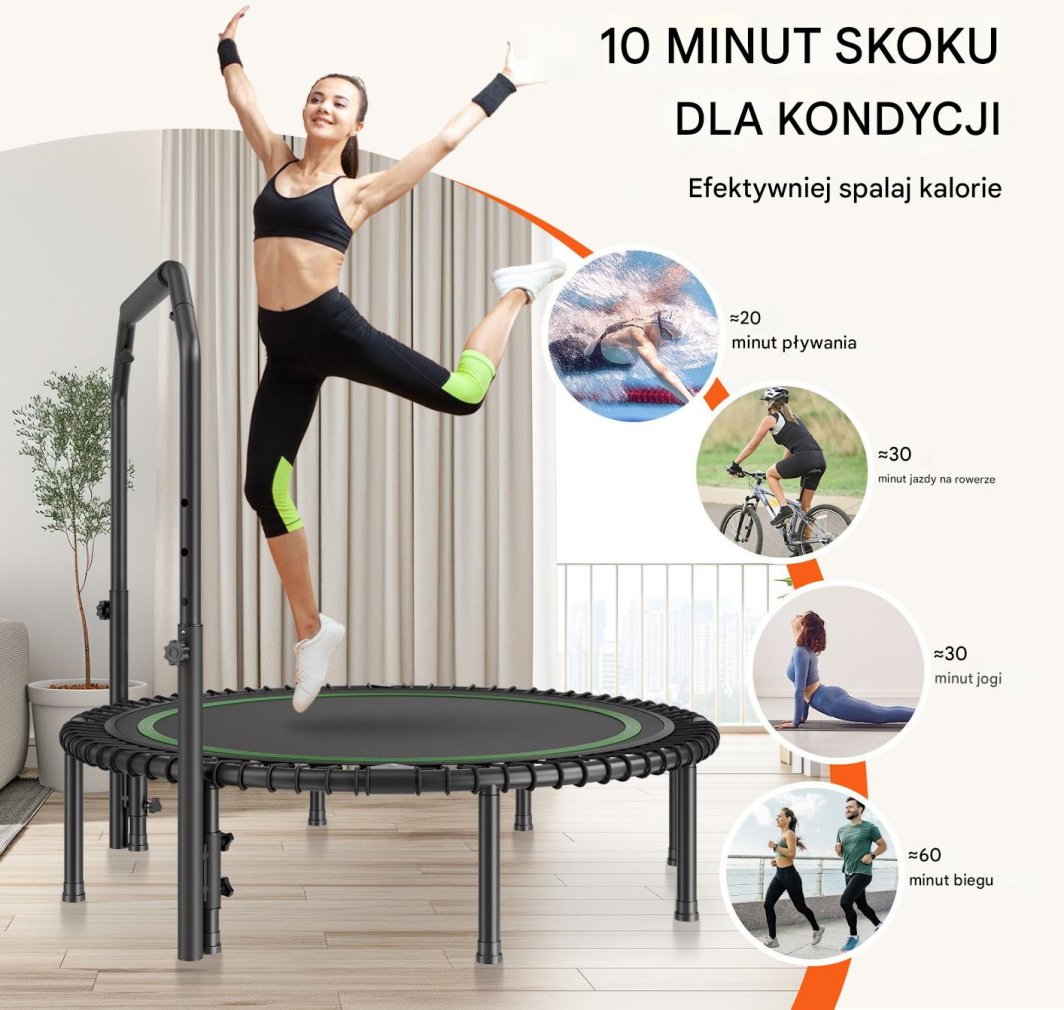 Trampoline fitness 129cm med justerbart håndtak, kvinne hopper på sort minitrampoline i lyst rom.