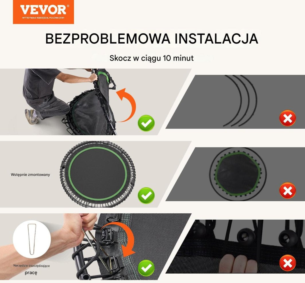Mini Trampoline monteres av en person, nærbilder viser verktøy, rammedetaljer, fester og instruksjonsgrafikk med ikoner.