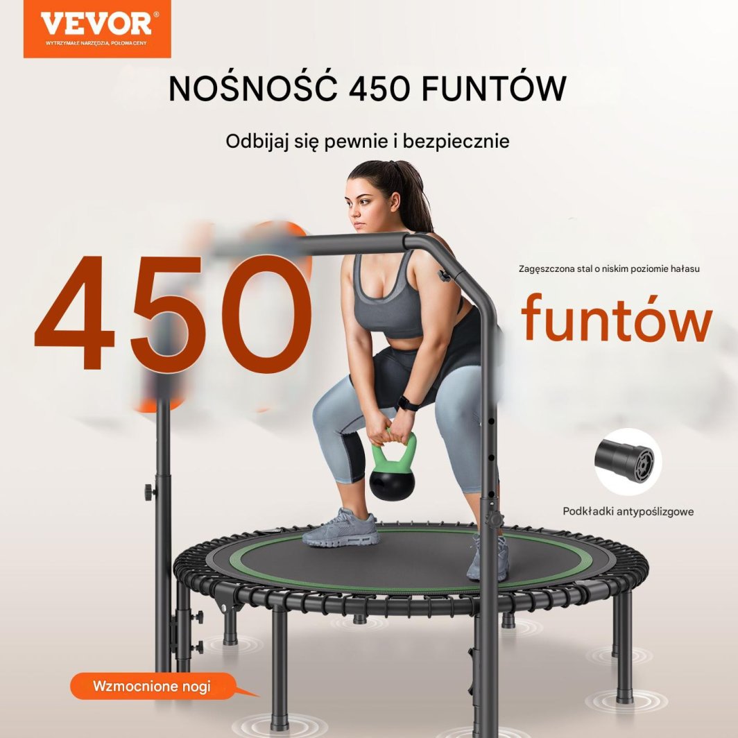 Trampoline Inne med justerbart håndtak, sort og grønn, person trener med vektskive, solide ben og sklisikre puter.