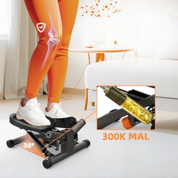 Stepper Trening med sort stepmaskin i bruk av person i oransje klær, viser hydraulisk sylinder og bruksvinkel.