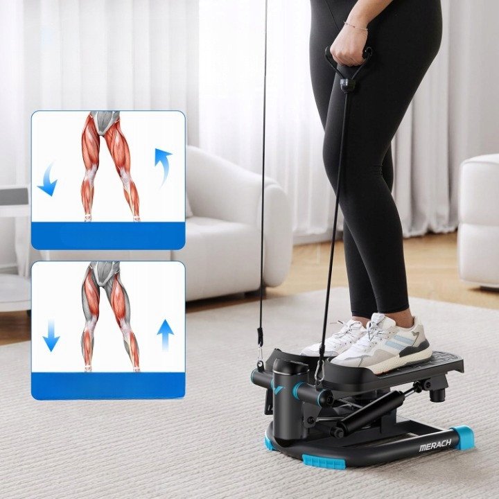 Stepper Trening med sort og blå stepmaskin i bruk, muskelgrupper markert med illustrasjoner på bildet.