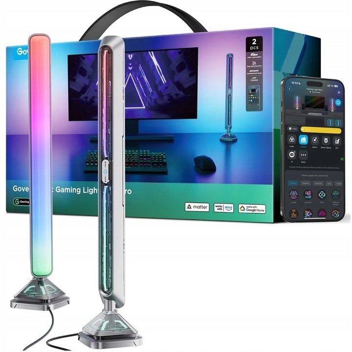 Tredemølle Gaming Lys LED Light Bars Pro 40cm med sølv base, eske og app på mobil.