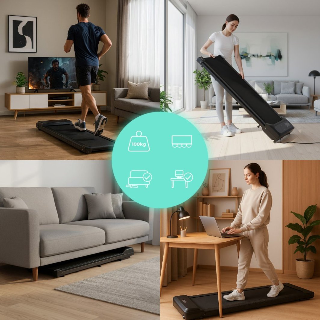 Tredemølle i svart design vises brukt foran TV, under skrivebord, under sofa og under flytting på hjul.