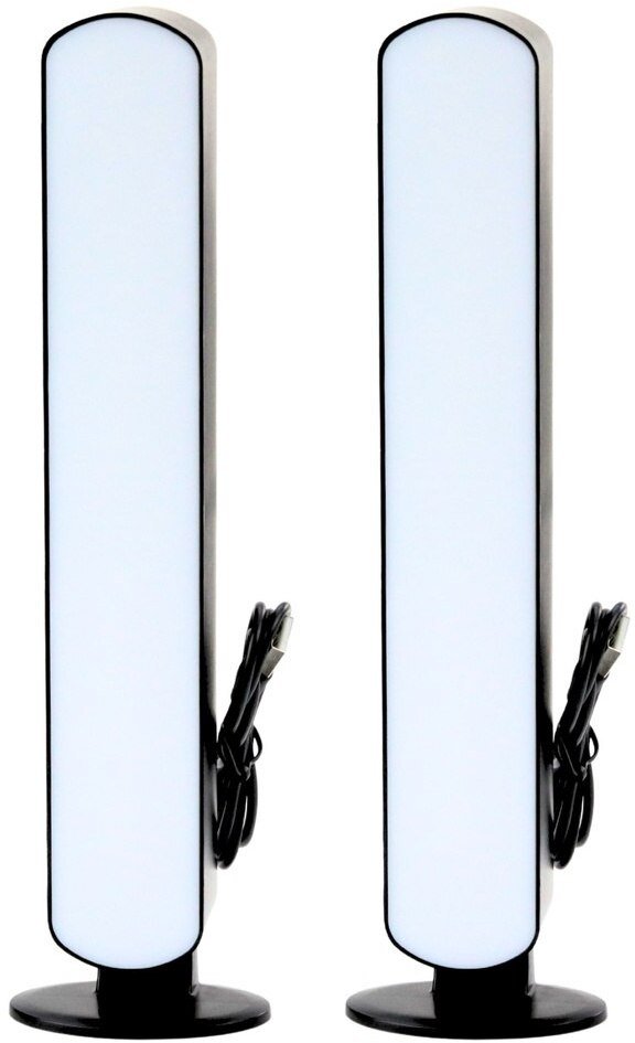 Walking Pad skrivebordslampe RGB LED sett med to lamper, hvit front og sort ramme, ledninger på siden.