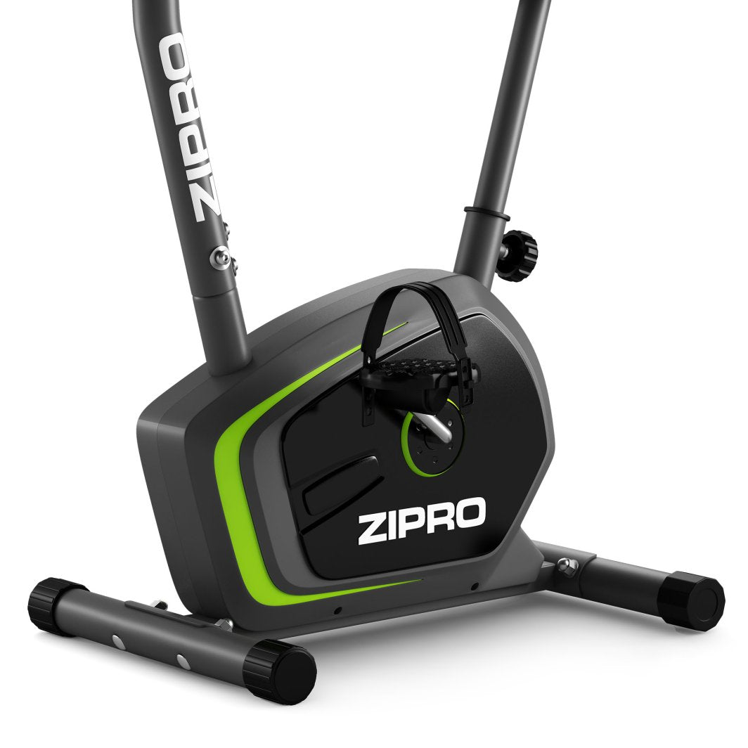Trimsykkel med sort og grønn underdel, synlig pedal, støttebein og ZIPRO-logo tydelig på siden.