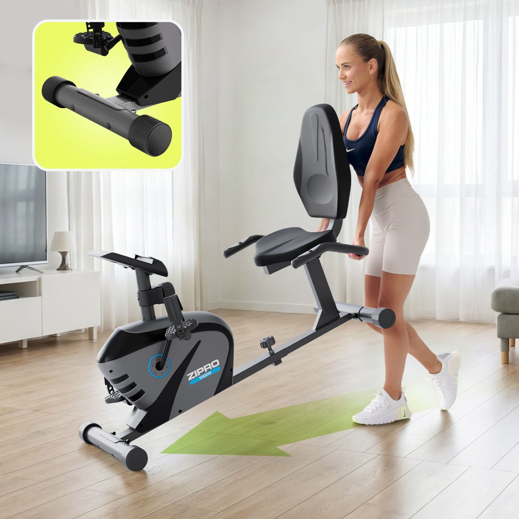 Trimsykkel i sort og grått med sete og ryggstøtte, dras av kvinne. Innfelt bilde viser hjul for enkel flytting.