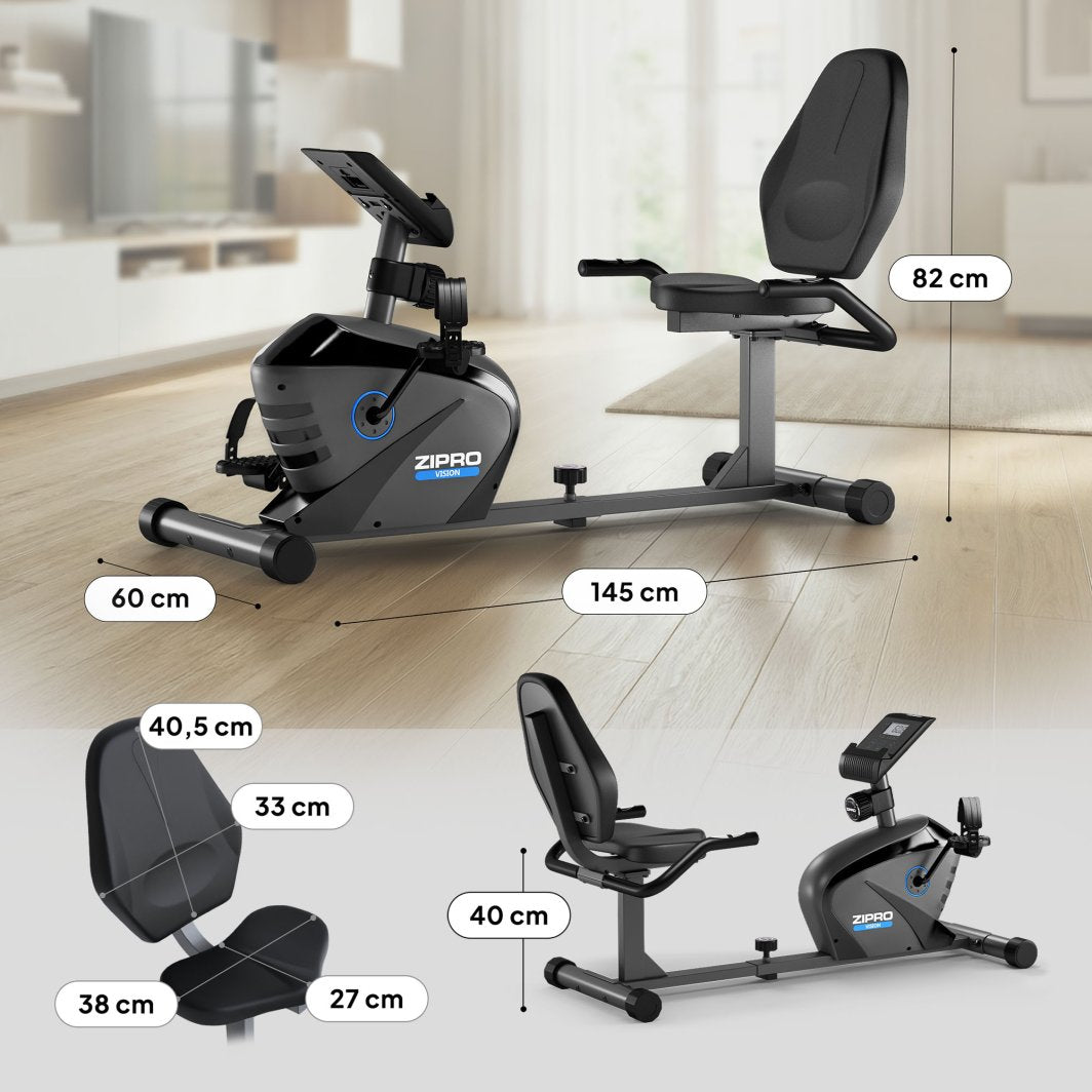 Sittesykkel i sort med grå og blå detaljer, vist fra siden og bakfra med mål for lengde, sete og rygg.