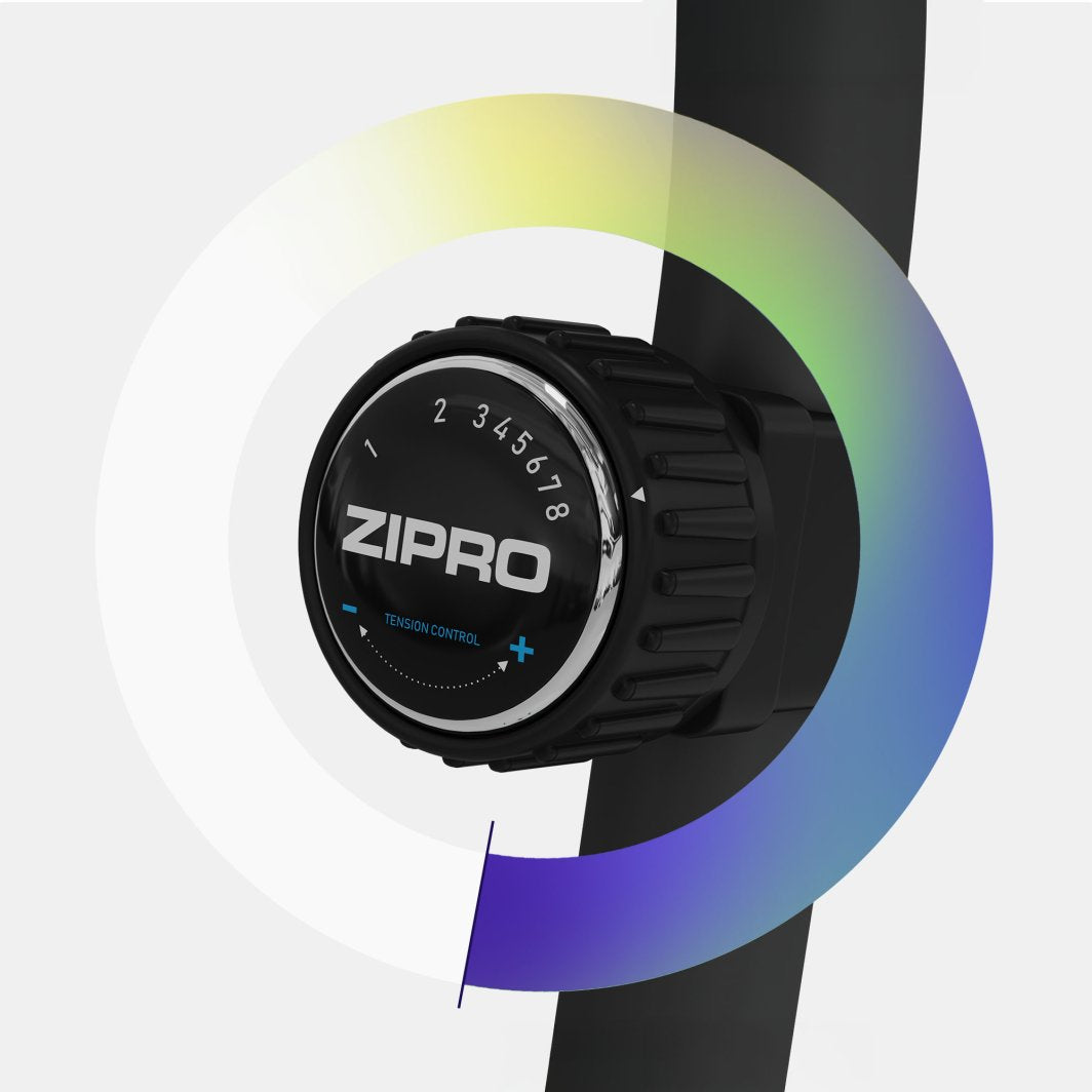 Ergometersykkel sort justeringsknott med tallskala fra 1 til 8 og teksten ZIPRO, vist i nærbilde fra siden.