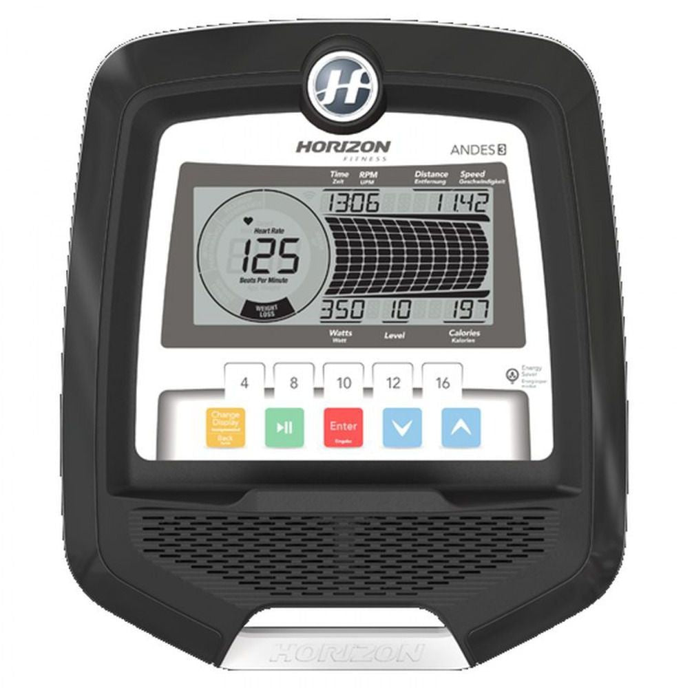Crosstrainer display i svart plast med stor digital skjerm som viser hjertefrekvens, tid og fargede knapper.
