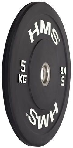 Vektskive på 5 kg i sort gummi med hvit tekst, olympisk 51 mm hull, vist fra siden med tydelig vektmarkering.