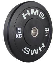 Vektskive på 15 kg i sort gummi med hvit tekst og metallring, sett skrått fra siden, viser merkevarenavn.