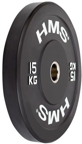 Vektplate på 15 kg i sort gummi med hvit tekst og metallring, sett skrått for å vise tykkelse og størrelse.