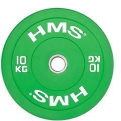Vektskive på 10 kg i grønn gummi med hvit tekst, metallring i midten, sett rett forfra.