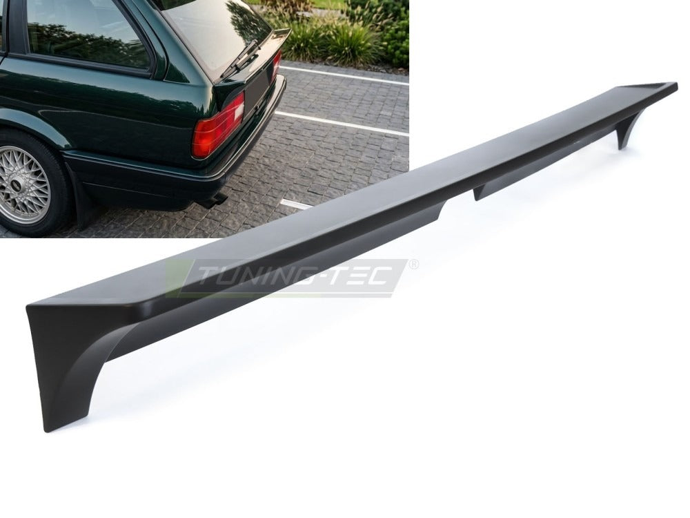 Spoiler Svart BMW E30 Touring 87-94 vist skrått med profil synlig