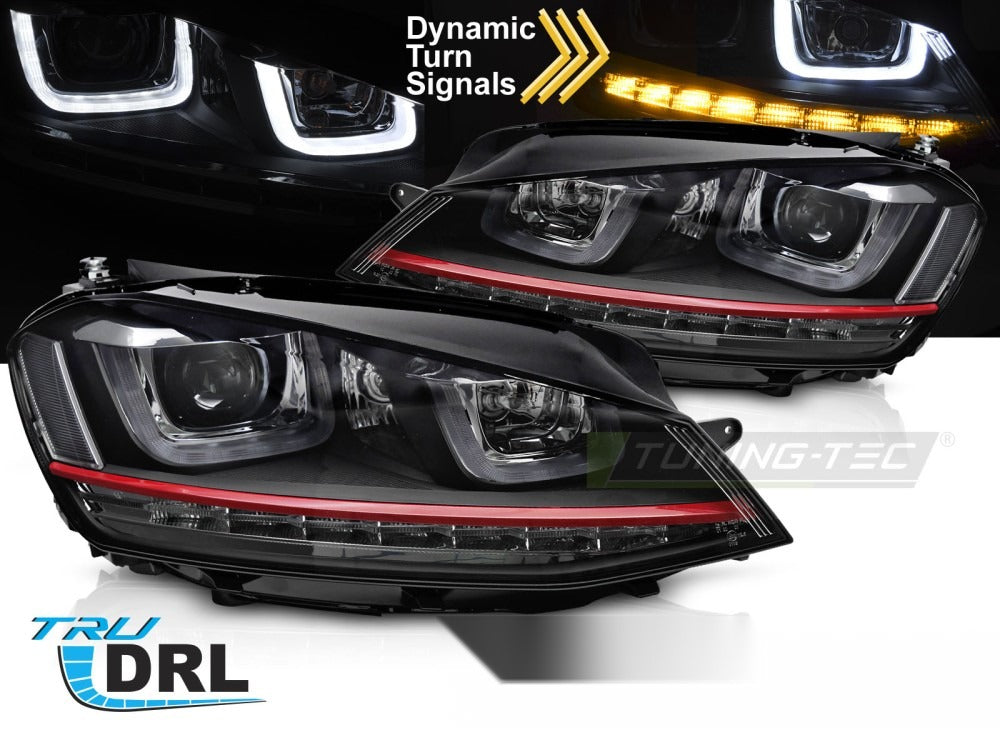 Detaljbilde av frontlykter VW Golf VII 13-17 med LED-detaljer.