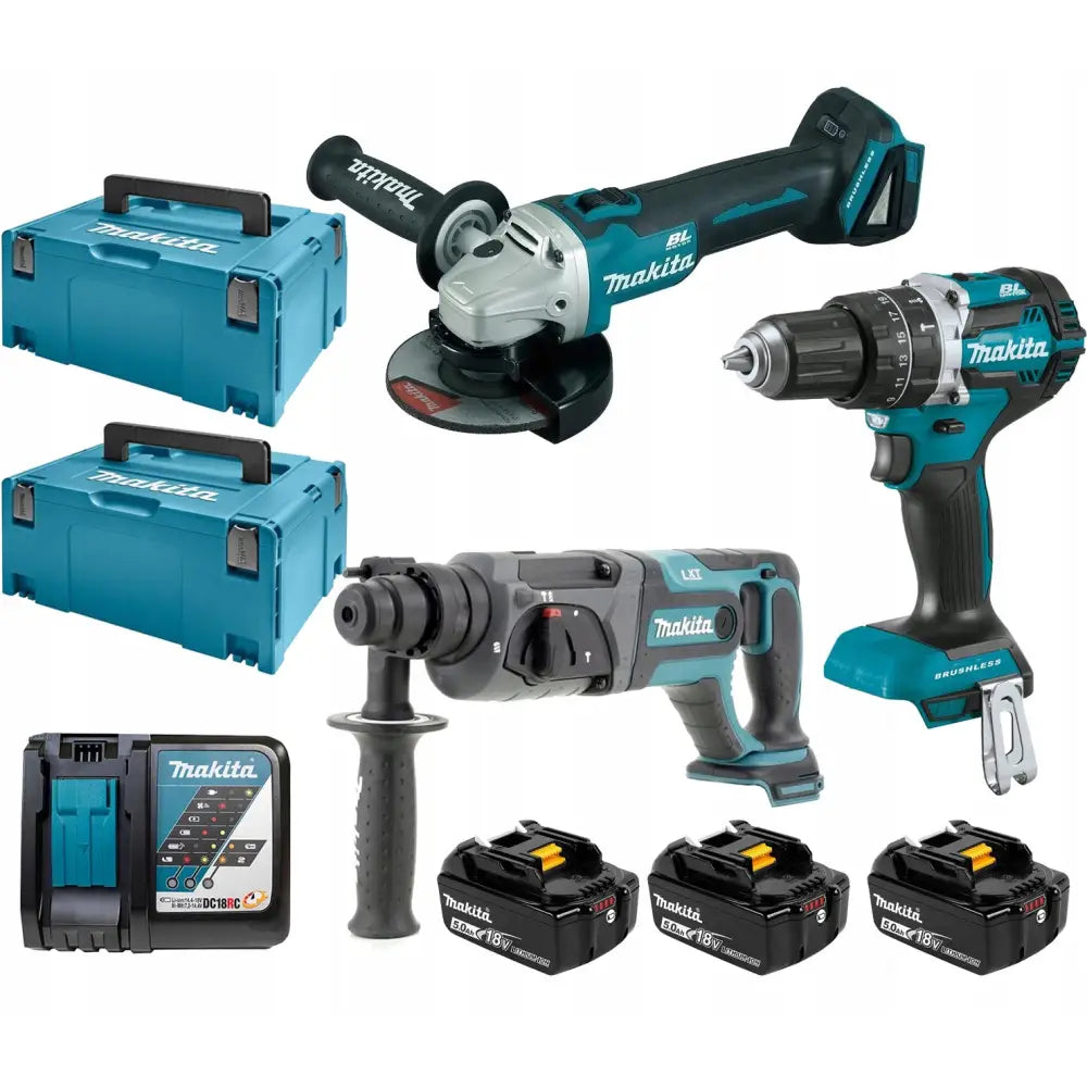 18V Li-Ion Combo Sett med tre blå og svarte verktøy, tre batterier, lader og to kofferter mot hvit bakgrunn.