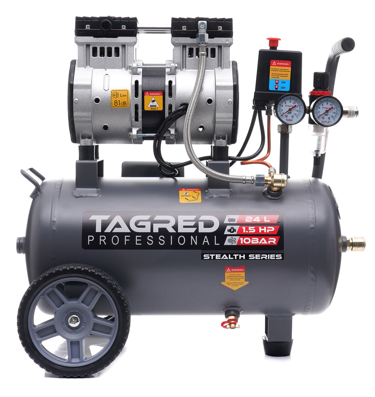 Kompressor Tagred TA3383 sett forfra med manometre og trykkregulator