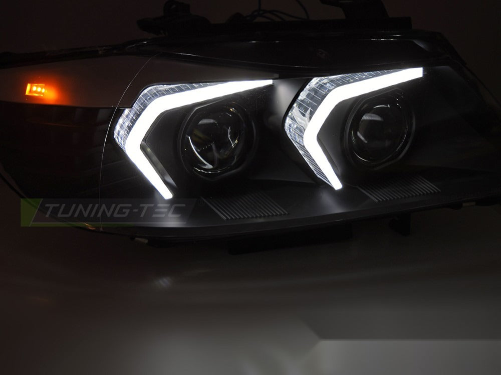 Frontlykter BMW E90/E91 LCI 09-11 sett fra siden — profil synlig.