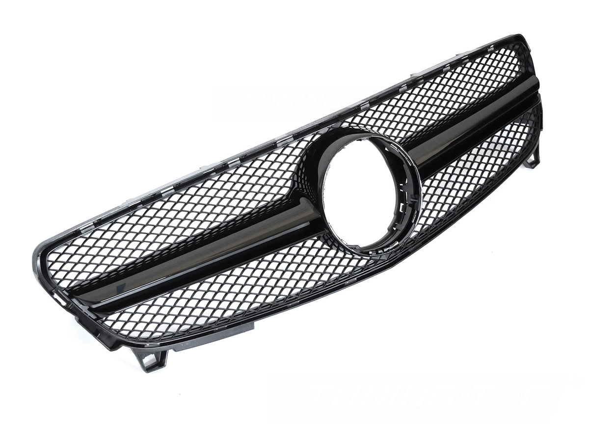 Grill til Mercedes A-Klasse W176 15-18 i blank sort sett rett forfra på hvit bakgrunn.