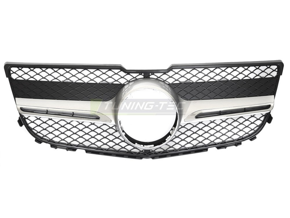 Detaljbilde av Grill Mercedes GLK X204 13-15 sølv/krom med sport-mønster og emblemfeste.