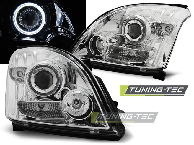 Detaljbilde av frontlykter Toyota Land Cruiser 120 03-09 med detaljer.