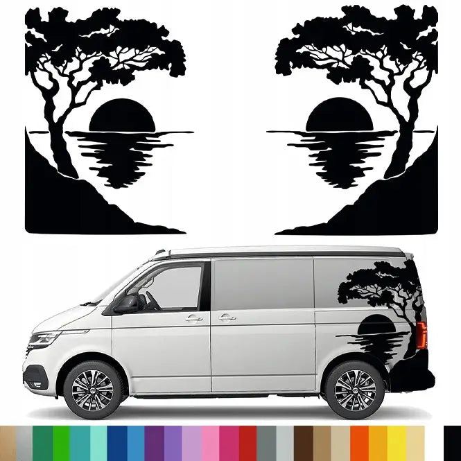 1x Klistremerke Grafikk til Bobil Tilhenger Solnedgang Sol Tre 90x121 Cm