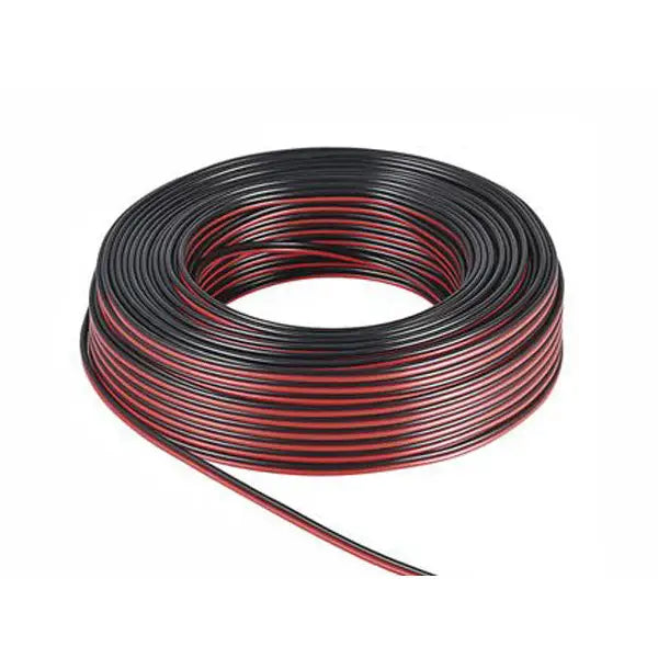 2-leder ledning for LED-stripe, rull på 100 meter med svart og rød kabel, vist på hvit bakgrunn.