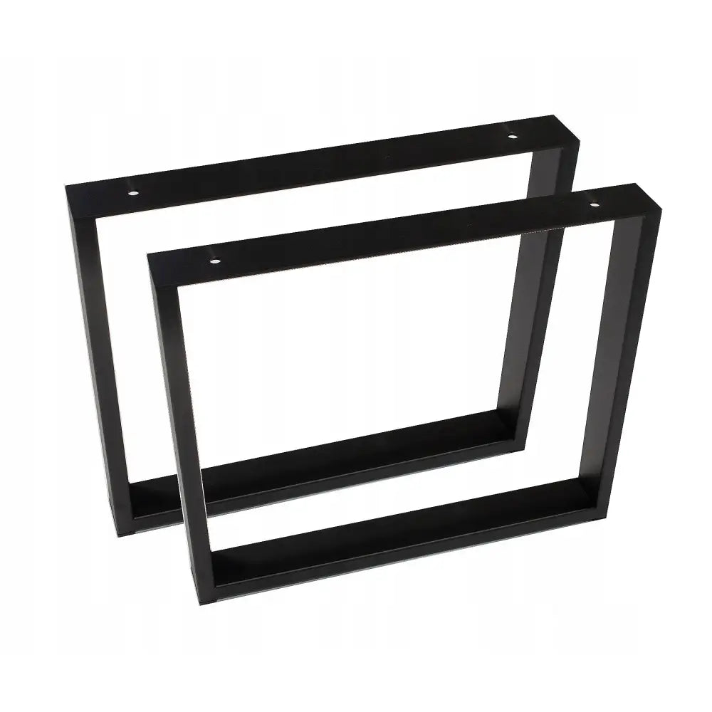 To sorte, rektangulære metallben til bord, skrå vinkel, synlige skruehull og minimalistisk finish.