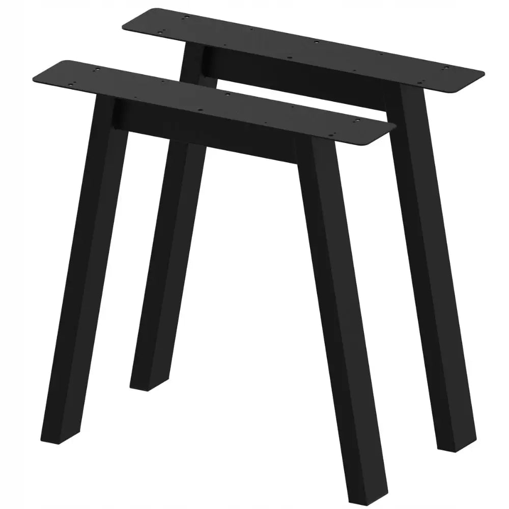 To svarte metallben for bord, skrå vinkel som viser rektangulære monteringsplater med skruehull på toppen.