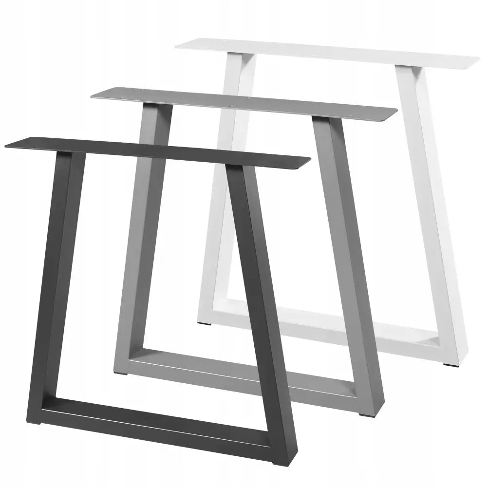 Metallben til bord og skrivebord, trapesformet design i sort, grå og hvit matt finish, sett fra skrå vinkel.