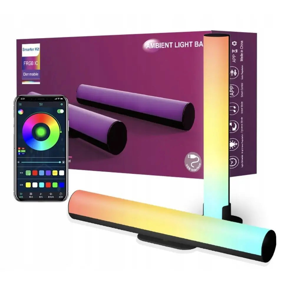 Light Bar LED-lysstaver med oransje-blå gradient, vises liggende og stående med appstyring og lilla emballasje.