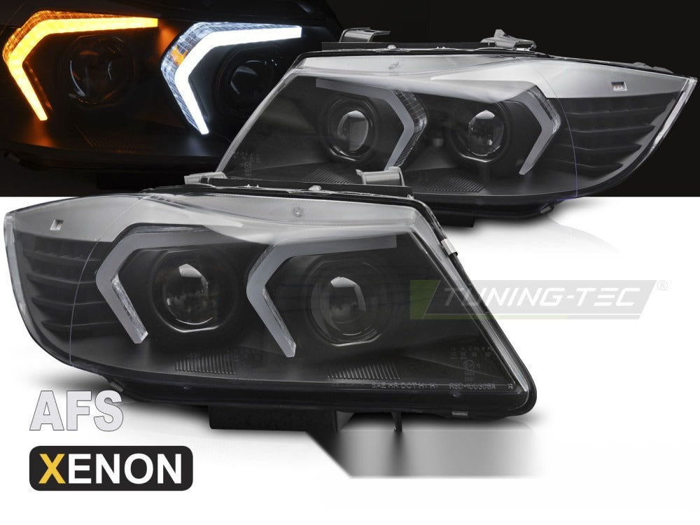 Detaljbilde av frontlykter BMW E90/E91 LCI 09-11 med LED/Xenon-detaljer.