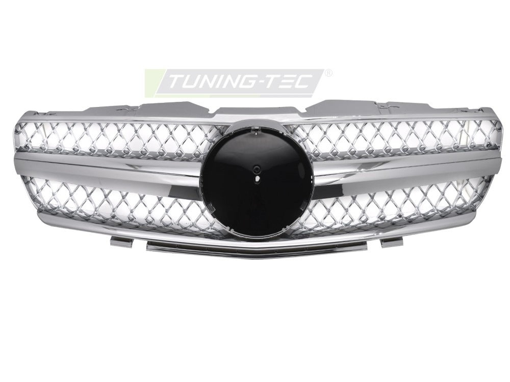 Detaljbilde av Grill Mercedes SL R230 01-06 krom med lamellstruktur og emblemfeste.