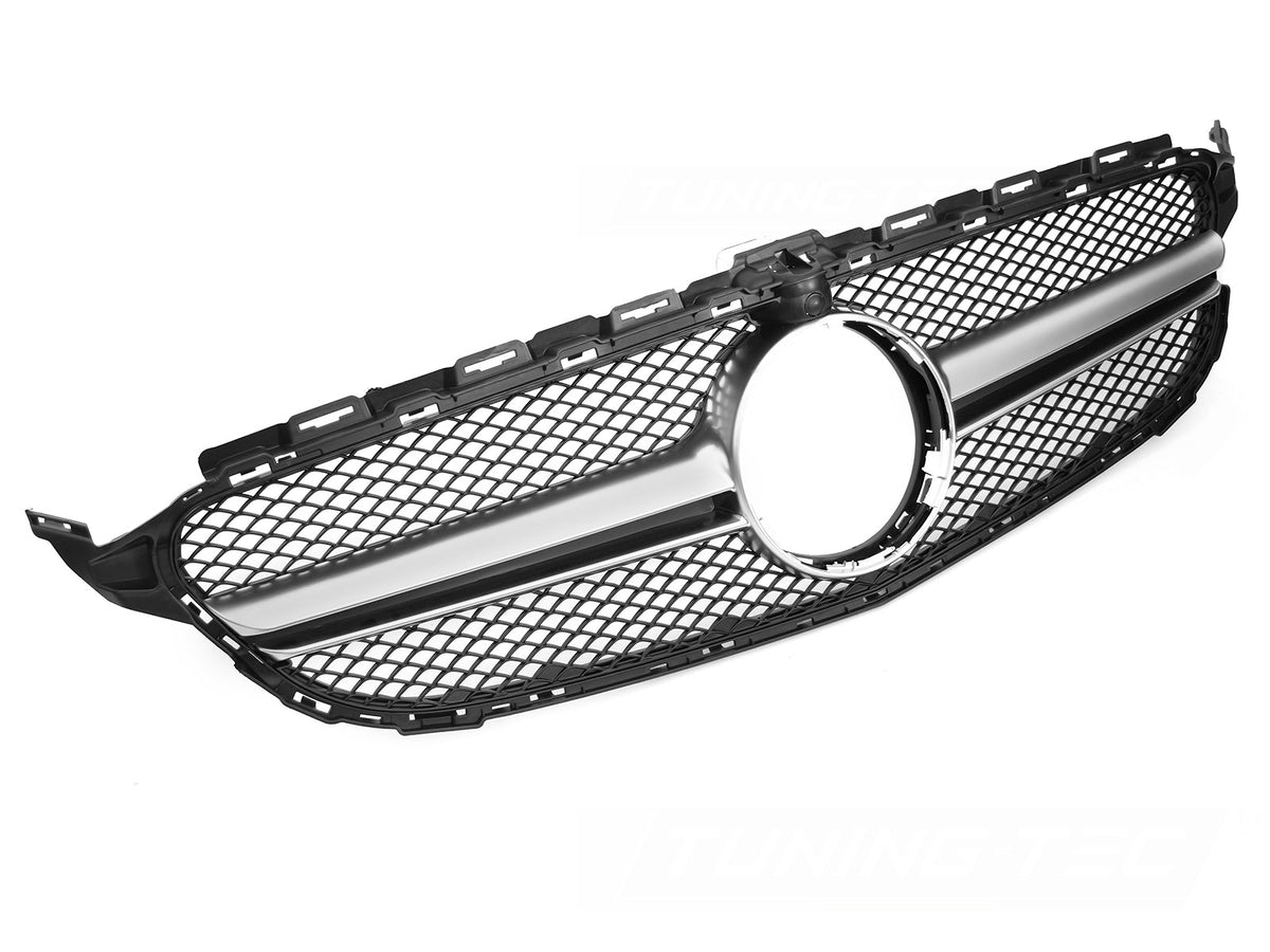 Grill til Mercedes C-Klasse W205 14-18 i sort/sølv sett rett forfra på hvit bakgrunn.
