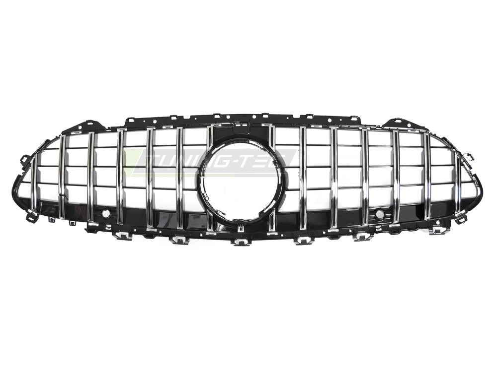Detaljbilde av Grill CLS C257 18-23 sort/krom med lamellstruktur og emblemfeste.