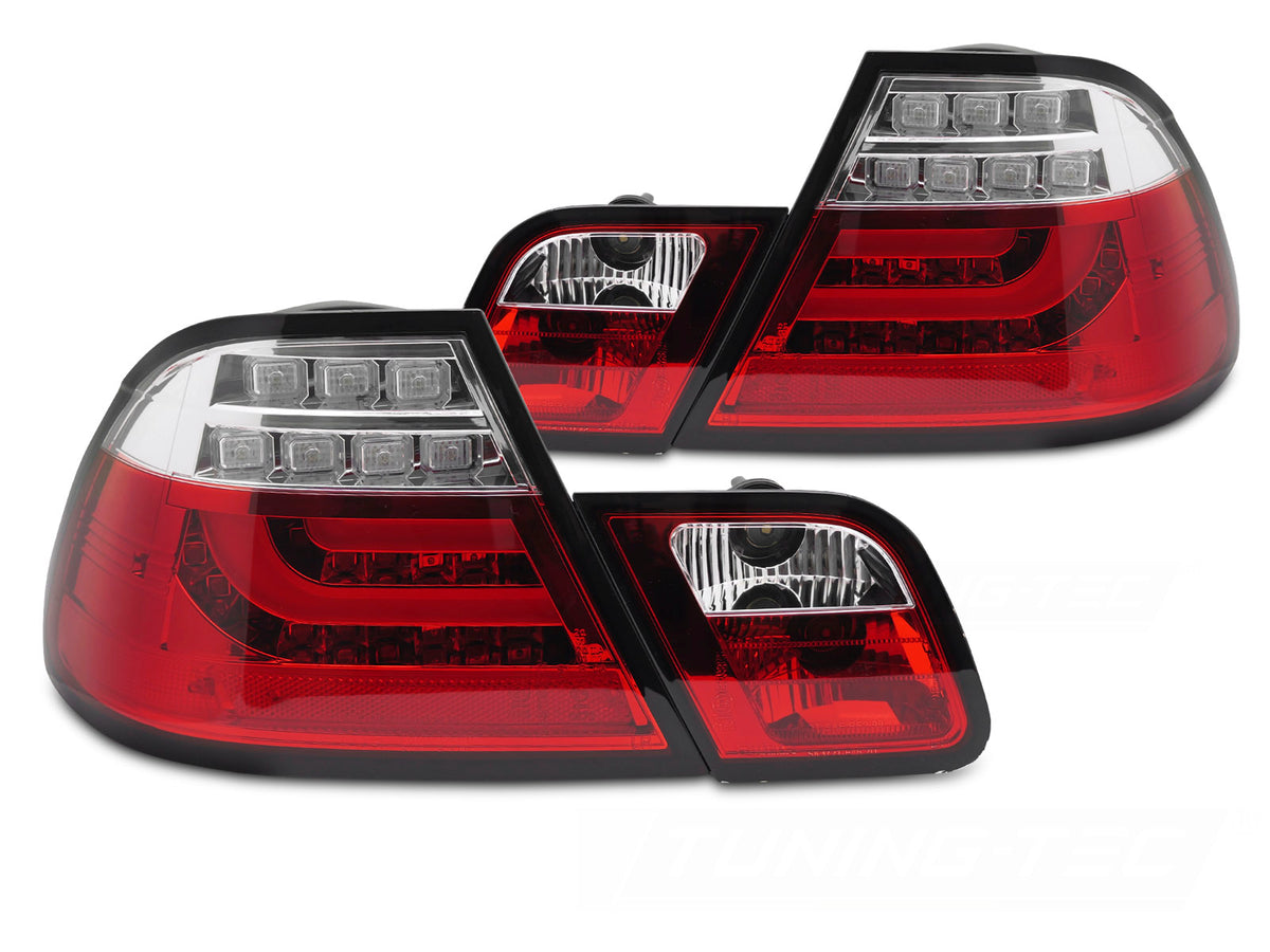 Baklykter BMW E46 Coupe 1999-2003 sett, røde klosser med LED Bar og klart toppfelt, par.