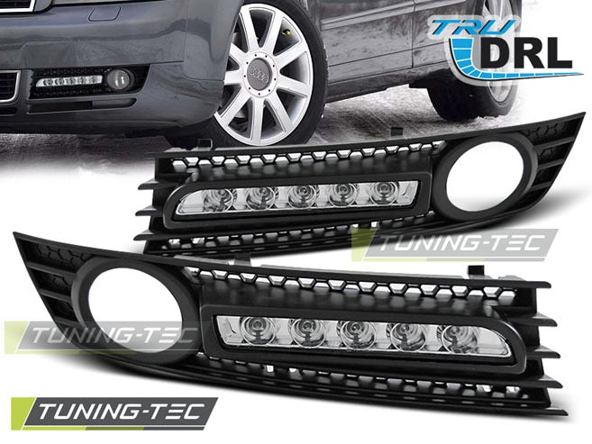 Tåkelys-deksel LED DRL til Audi A4 B6 01-04 sett rett bakfra på hvit bakgrunn.