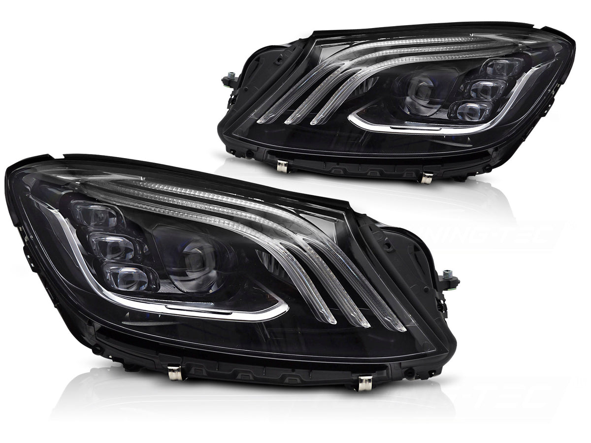 Frontlykter Full LED DRL til Mercedes S-Klasse W222 13-17 sett rett forfra på hvit bakgrunn.