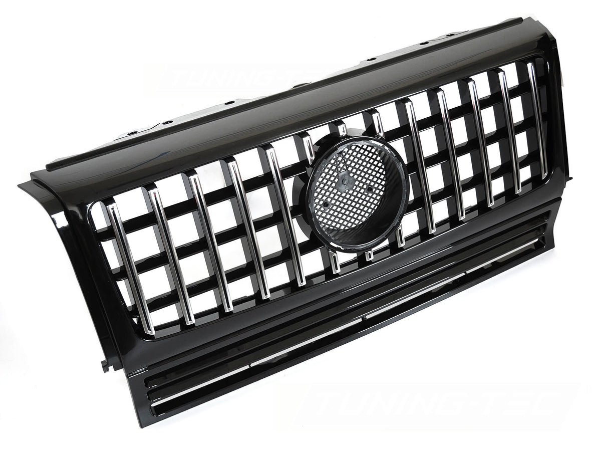 Grill W464 Look Krom Sort til Mercedes G-Klasse W463 90-12 sett rett forfra på hvit bakgrunn.