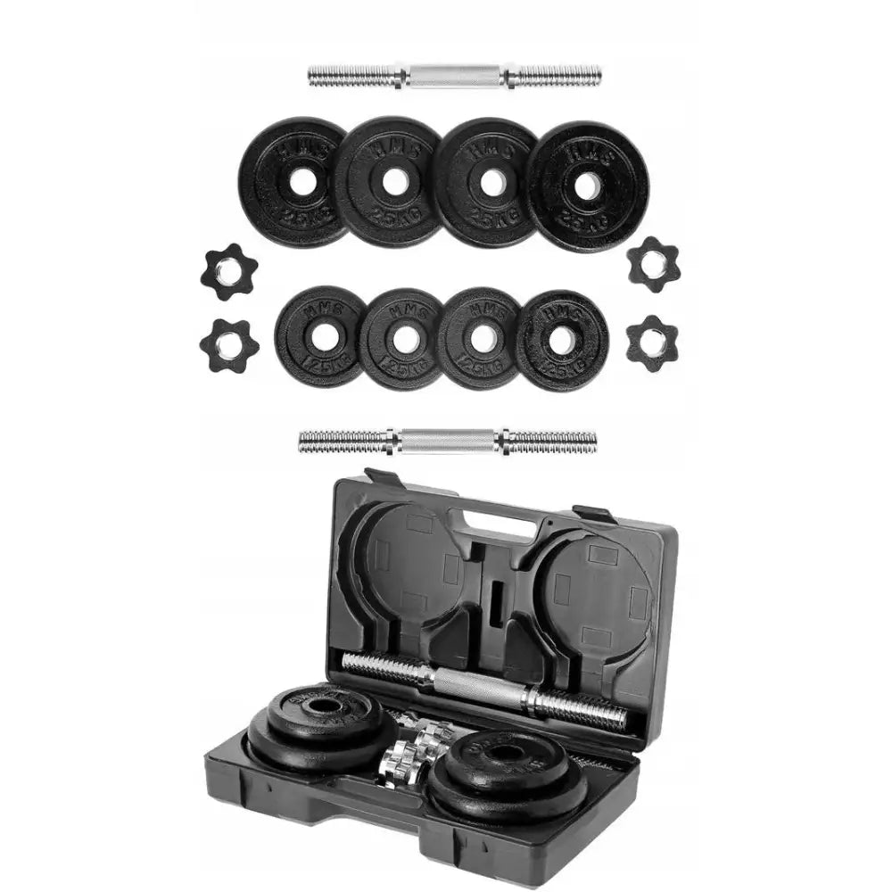 Manualsett 20 kg med to forkrommede stenger, flere svarte vektskiver og oppbevaringskoffert sett ovenfra.