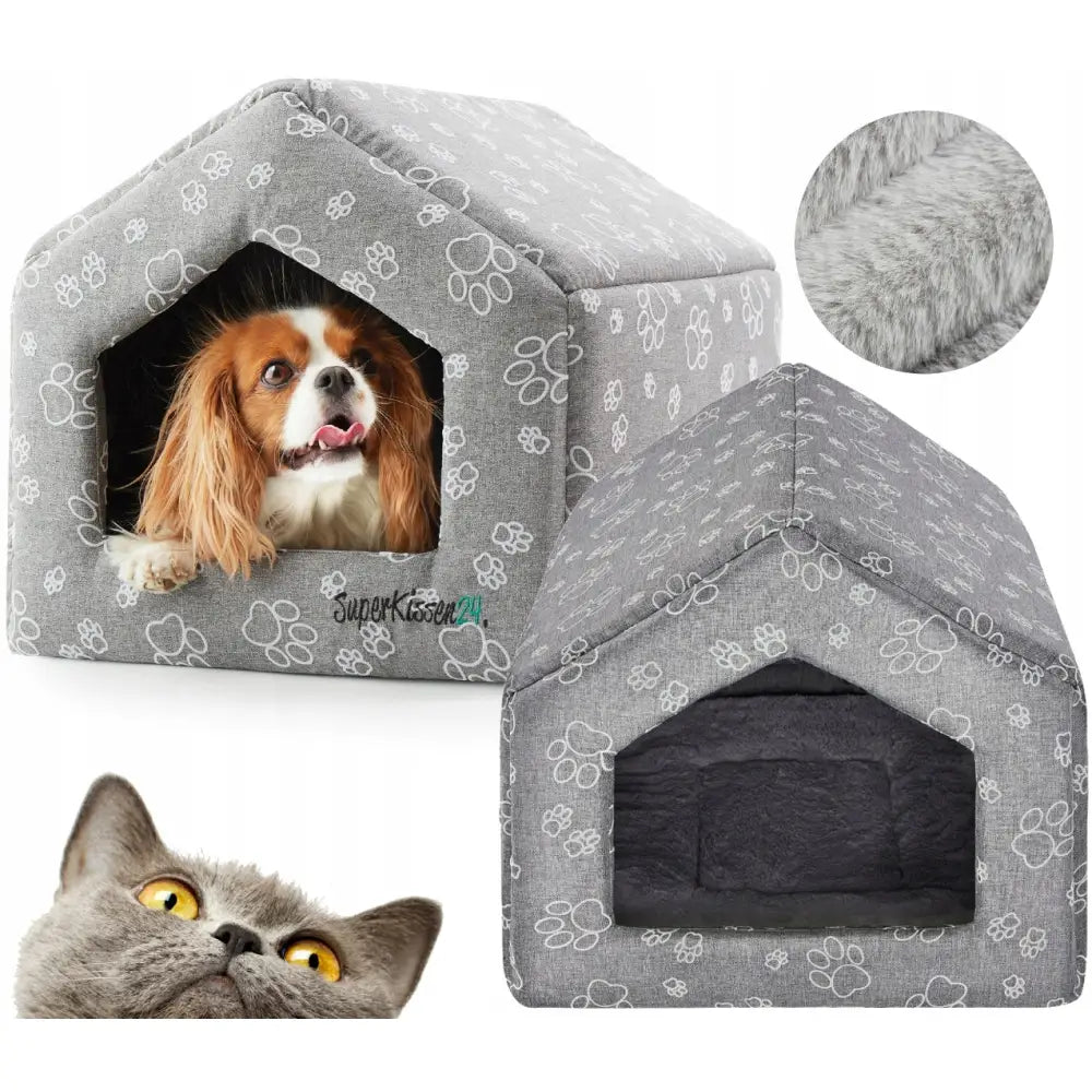 2X Hund & Katt Seng Hus Hytte L Claw+Fur, grått husformet kjæledyrhus med hvite poteavtrykk og mykt pelsfôr, illustrert med hund og katt.