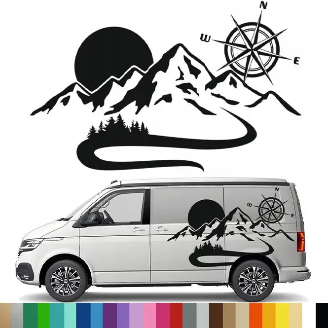 2x Klistremerke Grafikk for Bobil Bil Fjellkjede Vindrose Skog 70x44