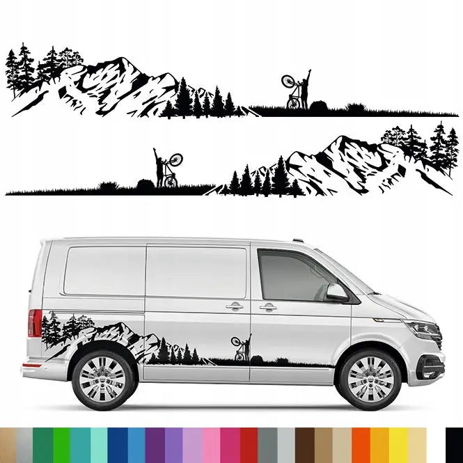 2x Klistremerke Grafikk for Bobil Bilen Fjell Syklist Skog Mountains 57x340 Mg