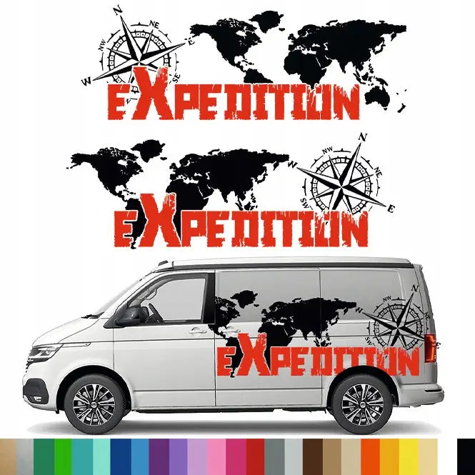 2x Klistremerke Grafikk for Bobil Tilhenger Bil - Kart Ekspedisjon Kompass 45x126