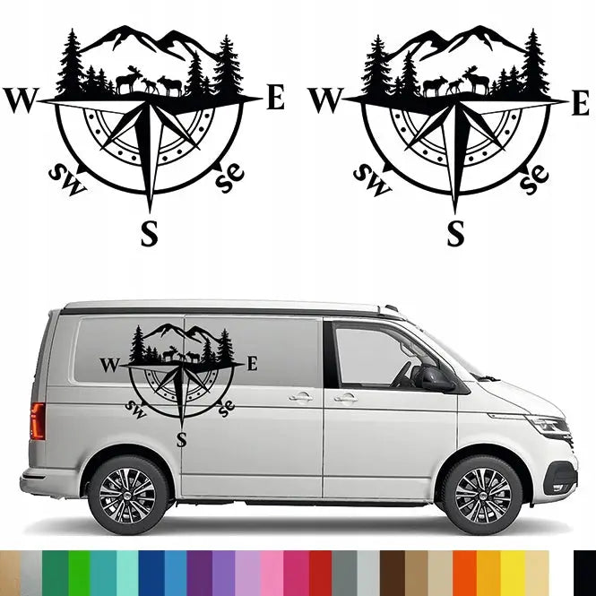 2x Klistremerke Grafikk for Bobil Tilhenger Kompass Rose Fjell Skog Elg 94x120