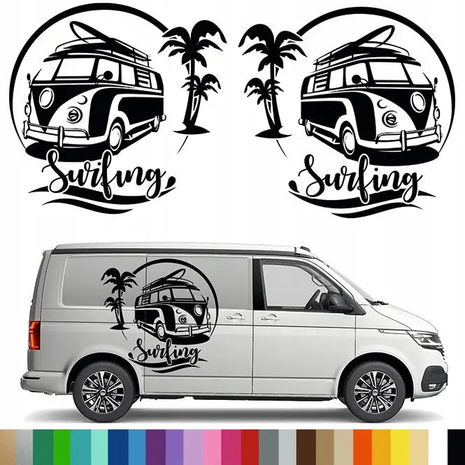 2x Klistremerke Grafikk for Bobil Tilhenger Surfing Palmer Beach Buss 90x93