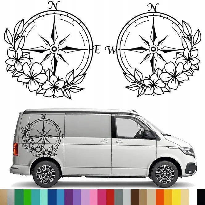 2x Klistremerke Grafikk til Bobil Tilhenger Kompas Vindrose Blomster 90x92 Cm