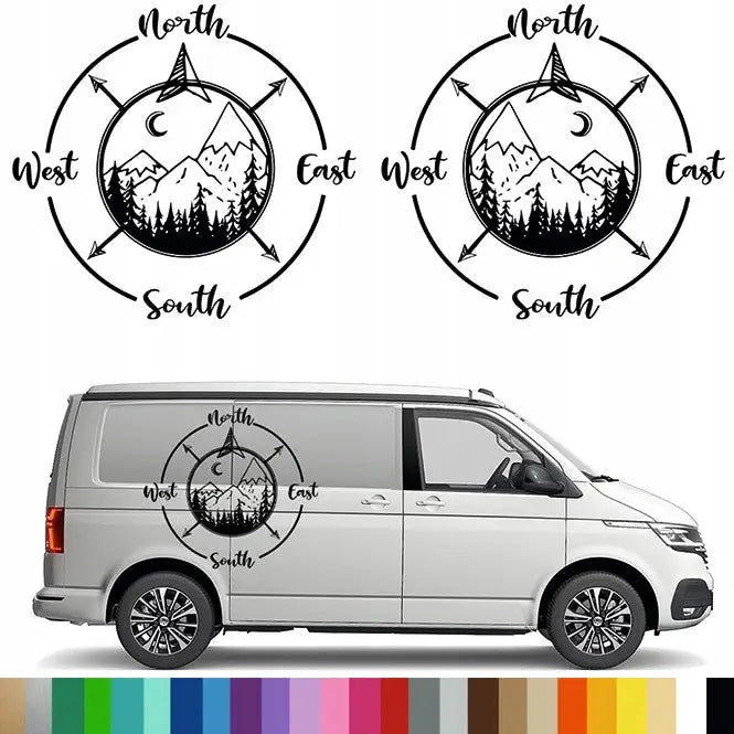 2x Klistremerke Grafikk til Bobil Tilhenger Vindrose Kompass Fjell 86x94
